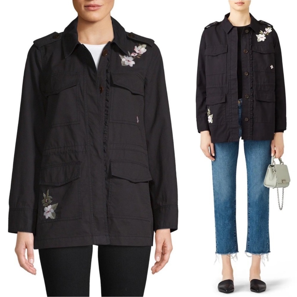 Kate Spade Floral Army Jacket Black Floral Embroidery Size